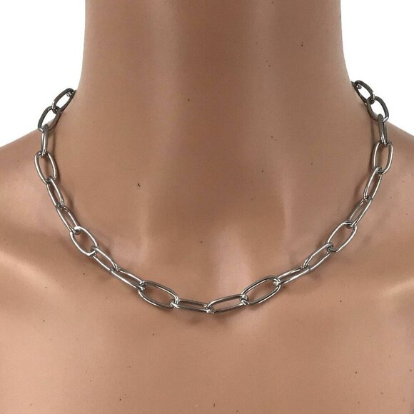 Paperclip Chain Necklace Silver Tone Adjustable Length Simple Statement - Picture 1 of 2